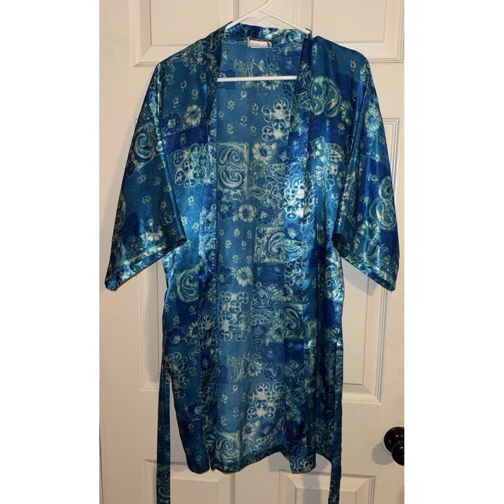 Inner Most Blue  Floral Satin Kimono Robe Tie Waist Sleepwear‎ Loungewear S